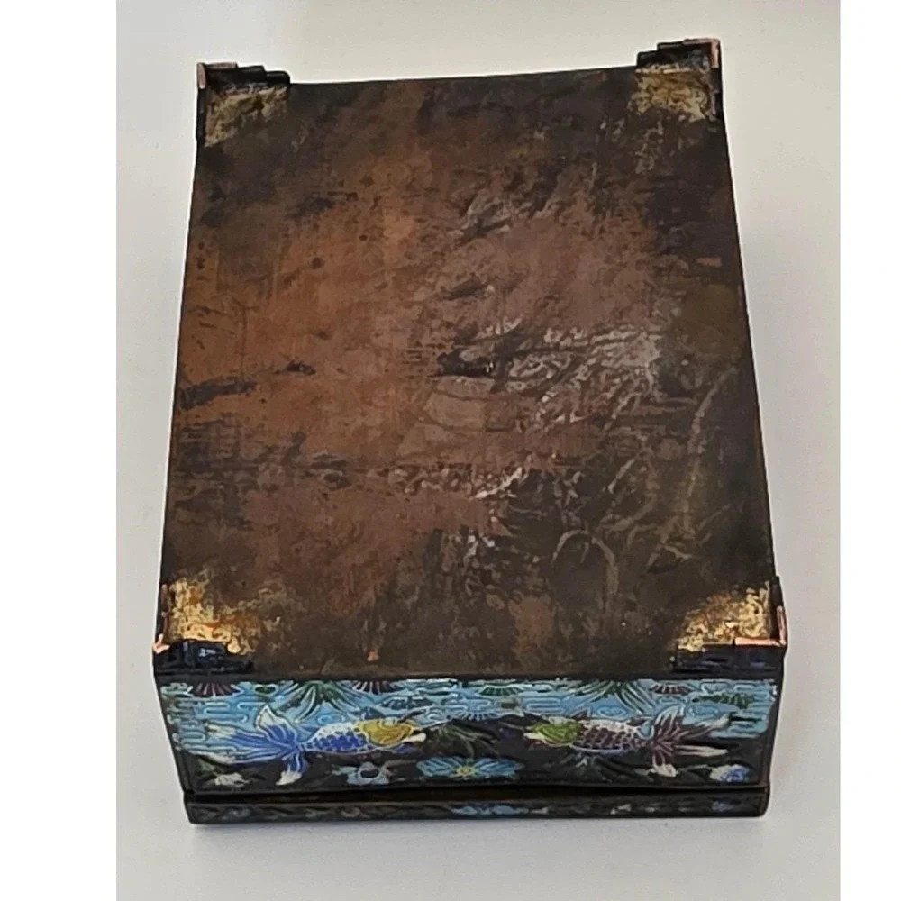 Vintage Chinese Cloisonne Enamel Jewelry Box Bird Koi Fish Champleve Wood Lined
